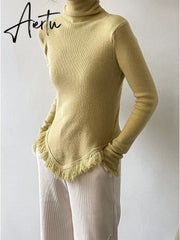 Korean Chic  Autumn Winter Elegant Tassel Spliced Sweater Pullover Women Turtleneck Long Sleeve Black Knitted Jumper Aiertu