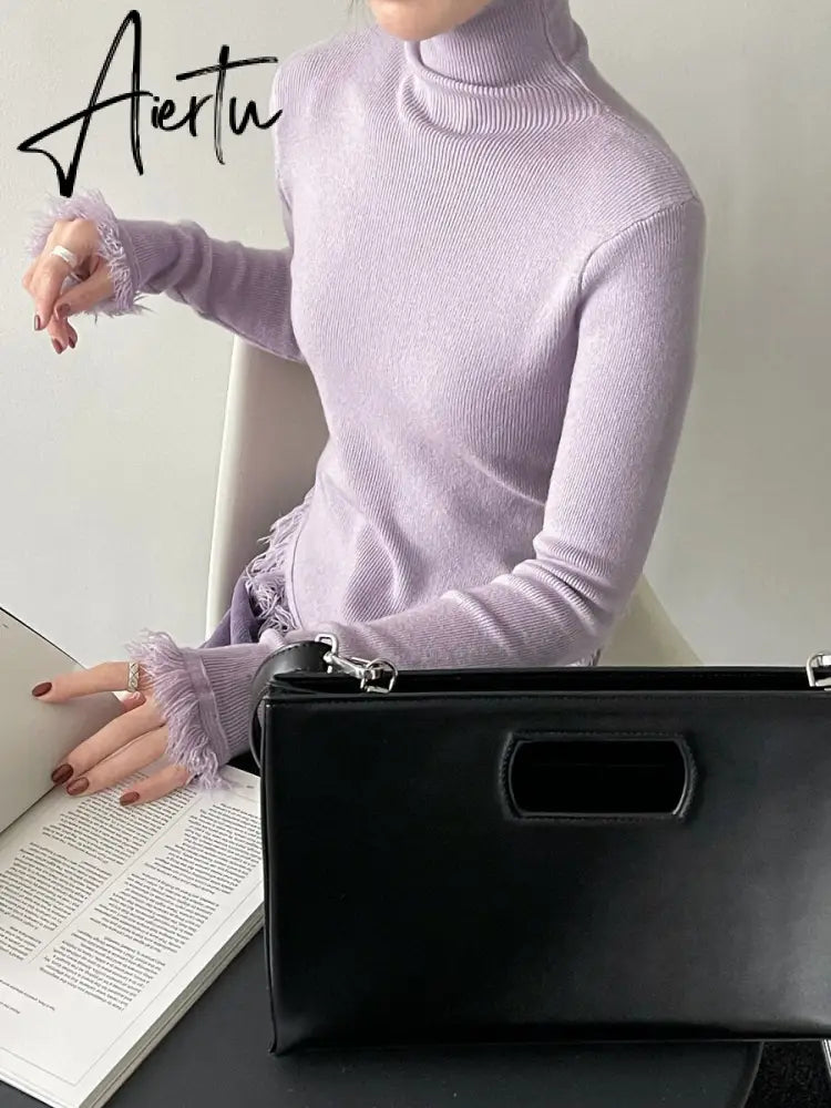 Korean Chic  Autumn Winter Elegant Tassel Spliced Sweater Pullover Women Turtleneck Long Sleeve Black Knitted Jumper Aiertu