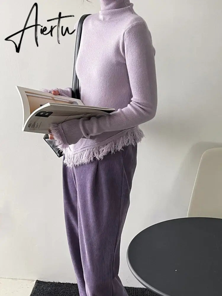 Korean Chic  Autumn Winter Elegant Tassel Spliced Sweater Pullover Women Turtleneck Long Sleeve Black Knitted Jumper Aiertu
