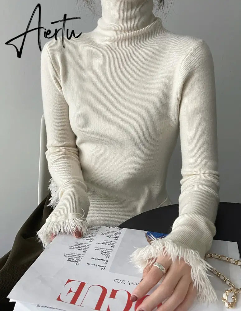 Korean Chic  Autumn Winter Elegant Tassel Spliced Sweater Pullover Women Turtleneck Long Sleeve Black Knitted Jumper Aiertu