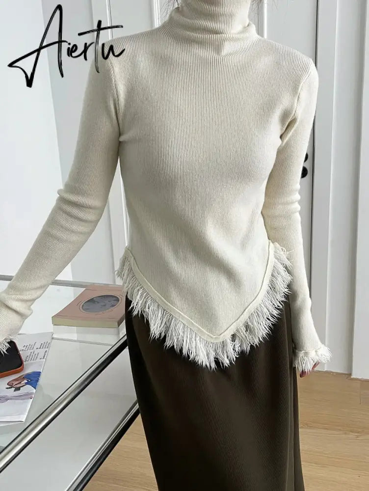 Korean Chic  Autumn Winter Elegant Tassel Spliced Sweater Pullover Women Turtleneck Long Sleeve Black Knitted Jumper Aiertu