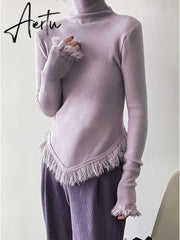 Korean Chic  Autumn Winter Elegant Tassel Spliced Sweater Pullover Women Turtleneck Long Sleeve Black Knitted Jumper Aiertu