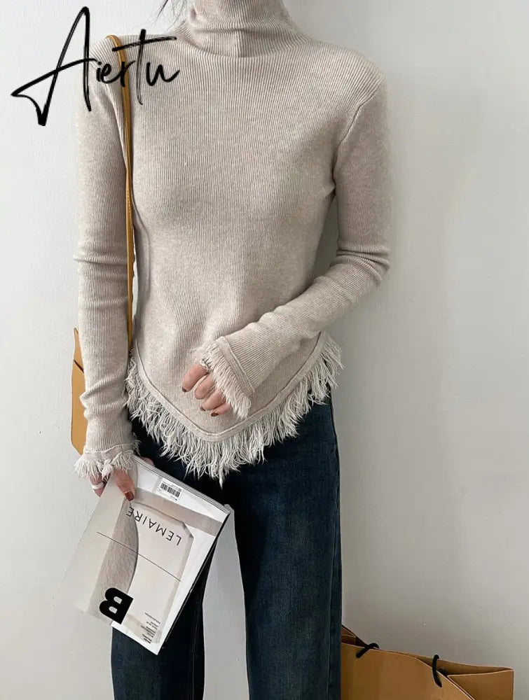 Korean Chic  Autumn Winter Elegant Tassel Spliced Sweater Pullover Women Turtleneck Long Sleeve Black Knitted Jumper Aiertu