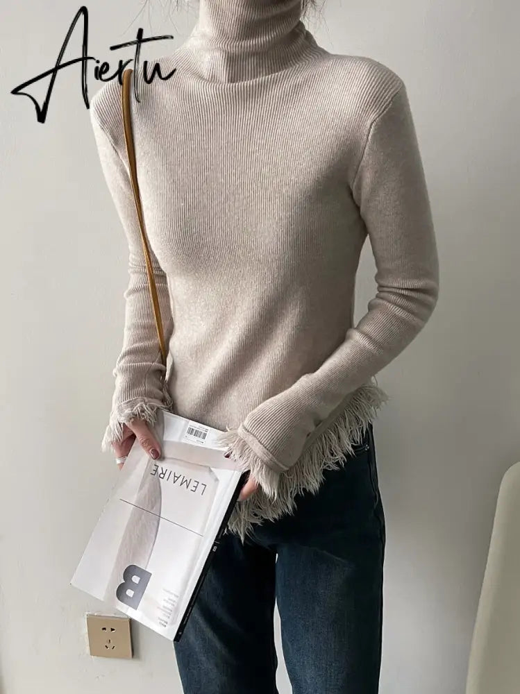 Korean Chic  Autumn Winter Elegant Tassel Spliced Sweater Pullover Women Turtleneck Long Sleeve Black Knitted Jumper Aiertu