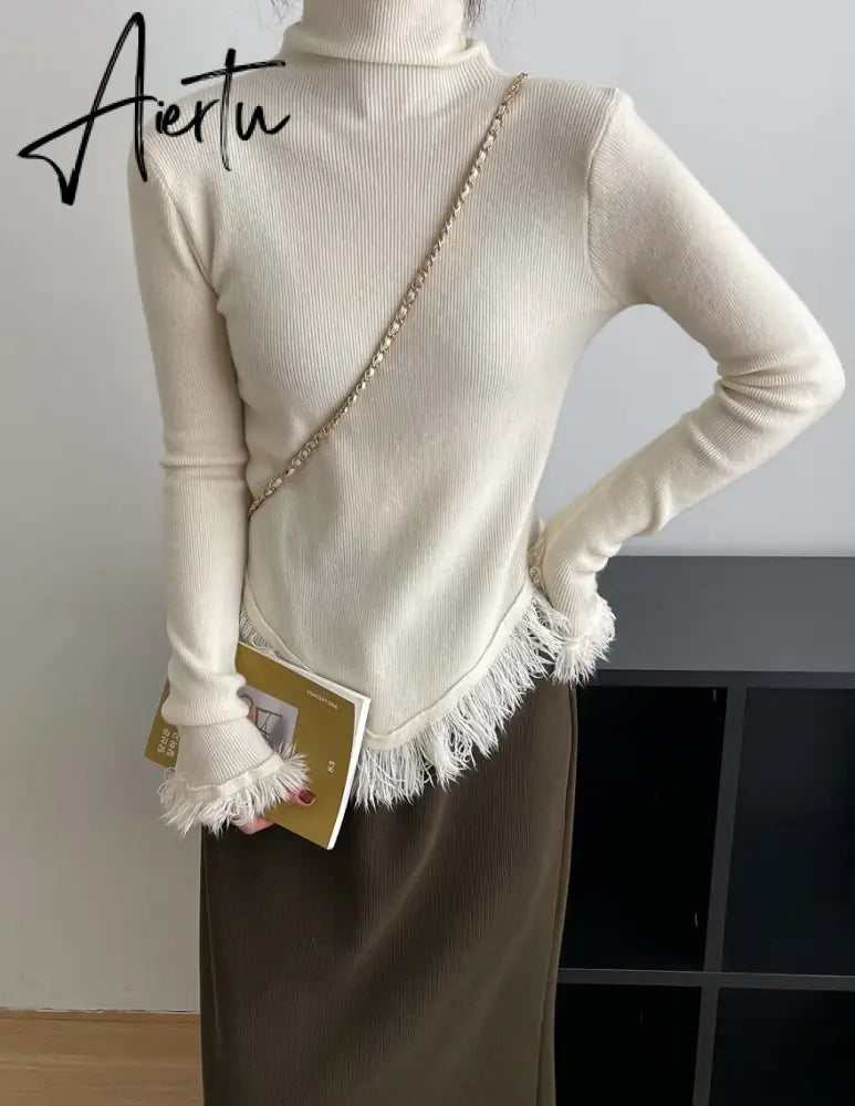 Korean Chic  Autumn Winter Elegant Tassel Spliced Sweater Pullover Women Turtleneck Long Sleeve Black Knitted Jumper Aiertu