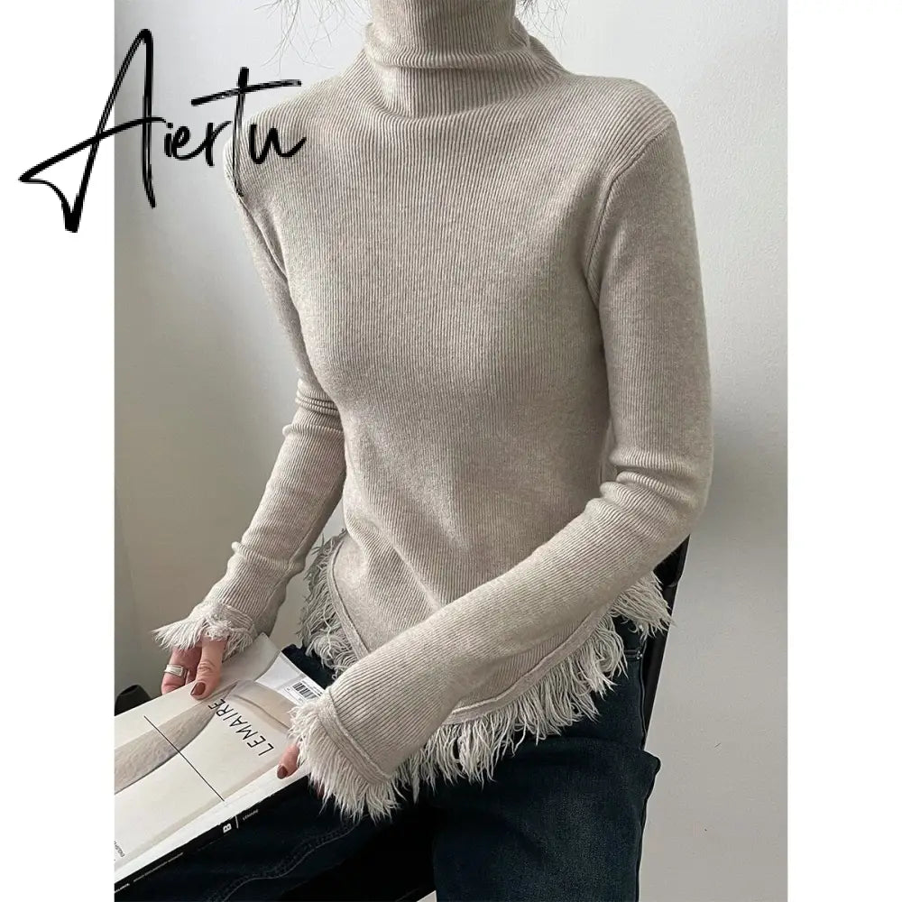 Korean Chic  Autumn Winter Elegant Tassel Spliced Sweater Pullover Women Turtleneck Long Sleeve Black Knitted Jumper Aiertu