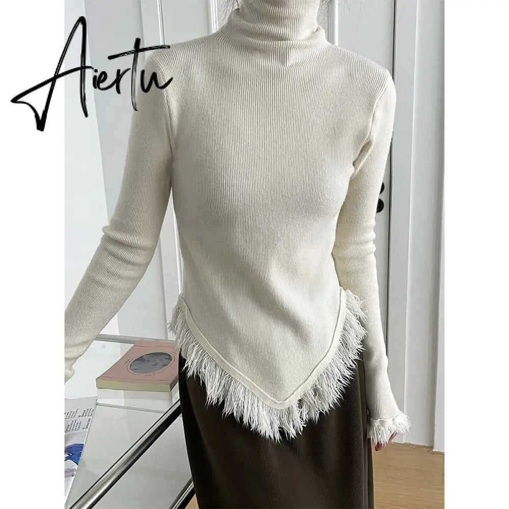 Korean Chic  Autumn Winter Elegant Tassel Spliced Sweater Pullover Women Turtleneck Long Sleeve Black Knitted Jumper Aiertu