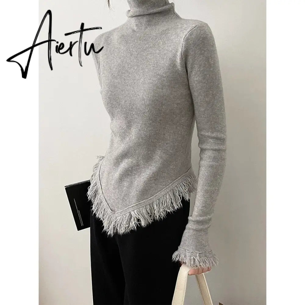 Korean Chic  Autumn Winter Elegant Tassel Spliced Sweater Pullover Women Turtleneck Long Sleeve Black Knitted Jumper Aiertu