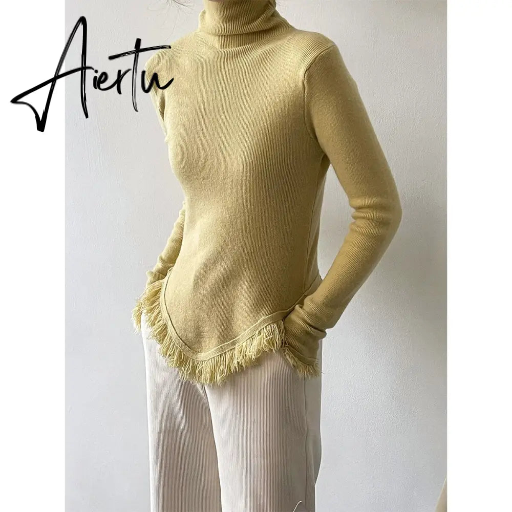 Korean Chic  Autumn Winter Elegant Tassel Spliced Sweater Pullover Women Turtleneck Long Sleeve Black Knitted Jumper Aiertu