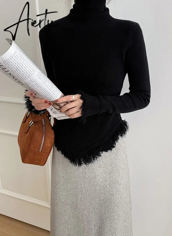 Korean Chic  Autumn Winter Elegant Tassel Spliced Sweater Pullover Women Turtleneck Long Sleeve Black Knitted Jumper Aiertu