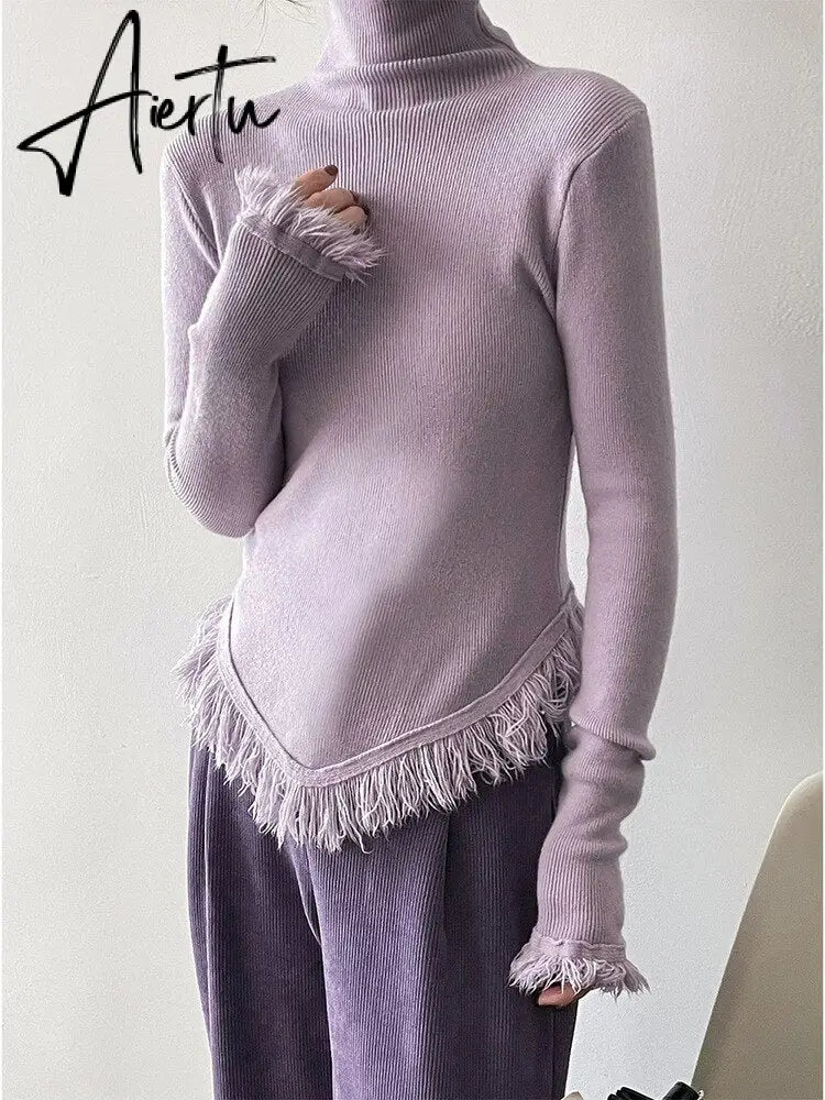 Korean Chic  Autumn Winter Elegant Tassel Spliced Sweater Pullover Women Turtleneck Long Sleeve Black Knitted Jumper Aiertu