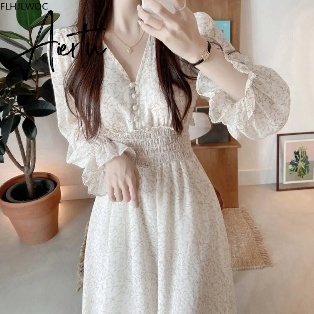 Korean Chic Fashion New Design Autumn Spring Womens Slim Waist A Line Elegant Date Girls Long Single Breasted Button Shirt Dress Aiertu
