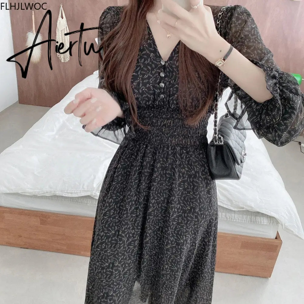 Korean Chic Fashion New Design Autumn Spring Womens Slim Waist A Line Elegant Date Girls Long Single Breasted Button Shirt Dress Aiertu