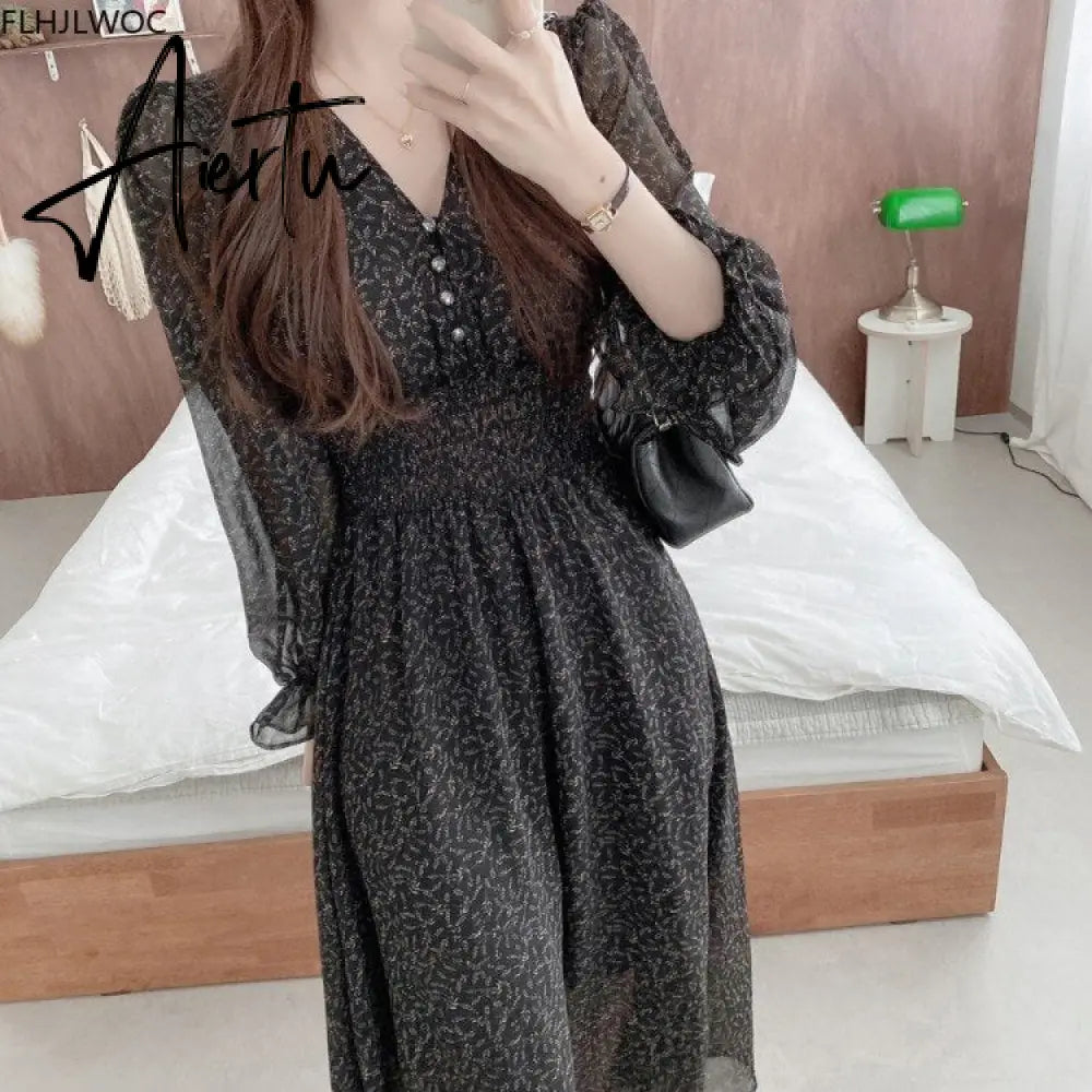 Korean Chic Fashion New Design Autumn Spring Womens Slim Waist A Line Elegant Date Girls Long Single Breasted Button Shirt Dress Aiertu
