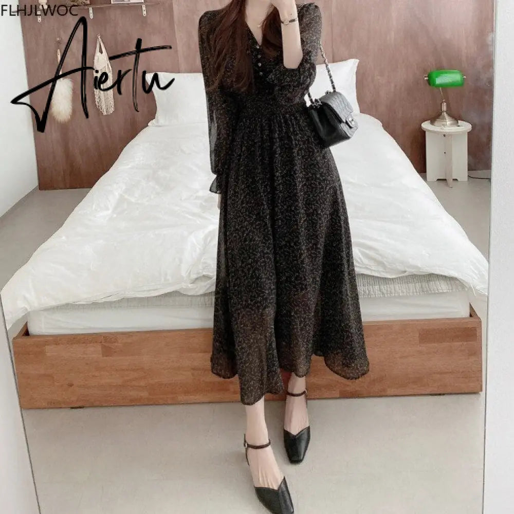 Korean Chic Fashion New Design Autumn Spring Womens Slim Waist A Line Elegant Date Girls Long Single Breasted Button Shirt Dress Aiertu