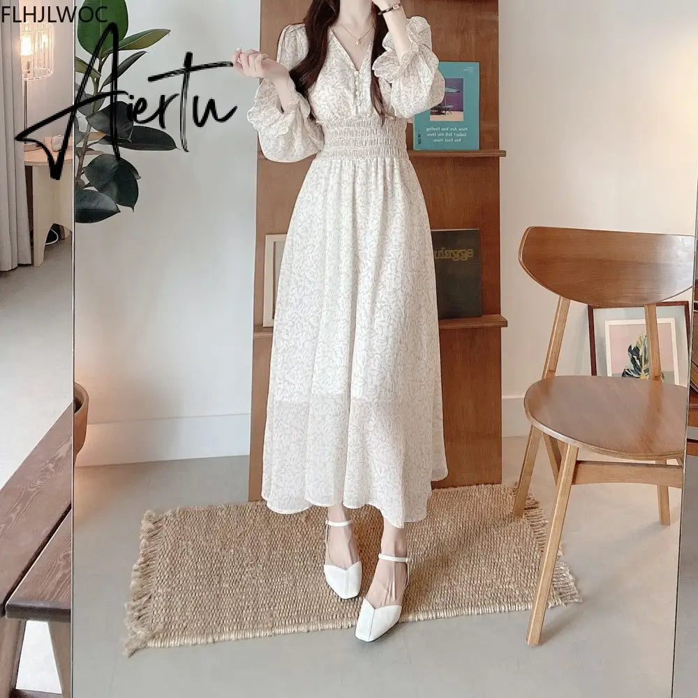 Korean Chic Fashion New Design Autumn Spring Womens Slim Waist A Line Elegant Date Girls Long Single Breasted Button Shirt Dress Aiertu