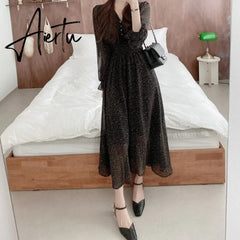 Korean Chic Fashion New Design Autumn Spring Womens Slim Waist A Line Elegant Date Girls Long Single Breasted Button Shirt Dress Aiertu