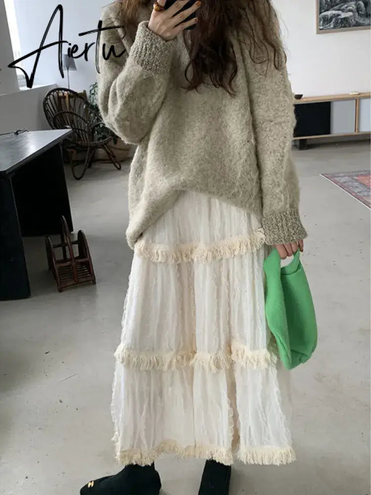 Korean Lace Long Skirt Women Vintage Cute High Waist Loose Fairycore Tassel Patchwork A-Line Midi Skirt Mori Girl Autumn Aiertu