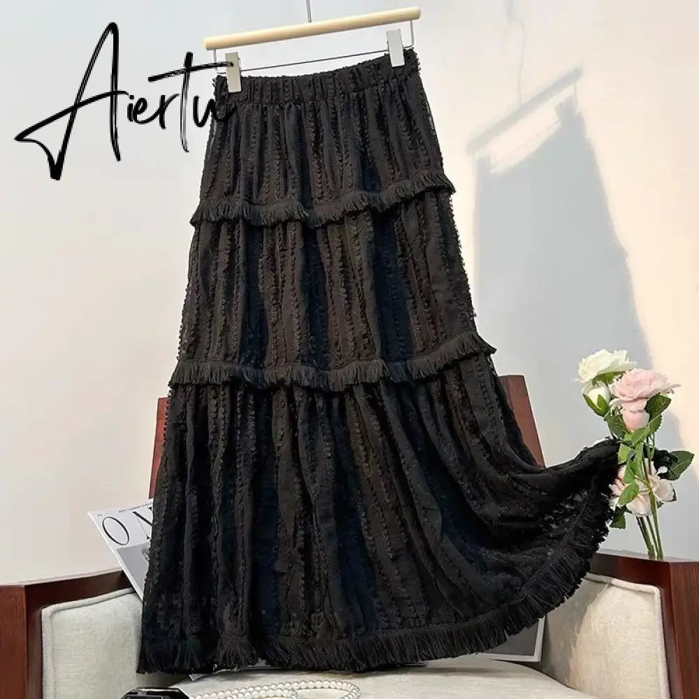 Korean Lace Long Skirt Women Vintage Cute High Waist Loose Fairycore Tassel Patchwork A-Line Midi Skirt Mori Girl Autumn Aiertu