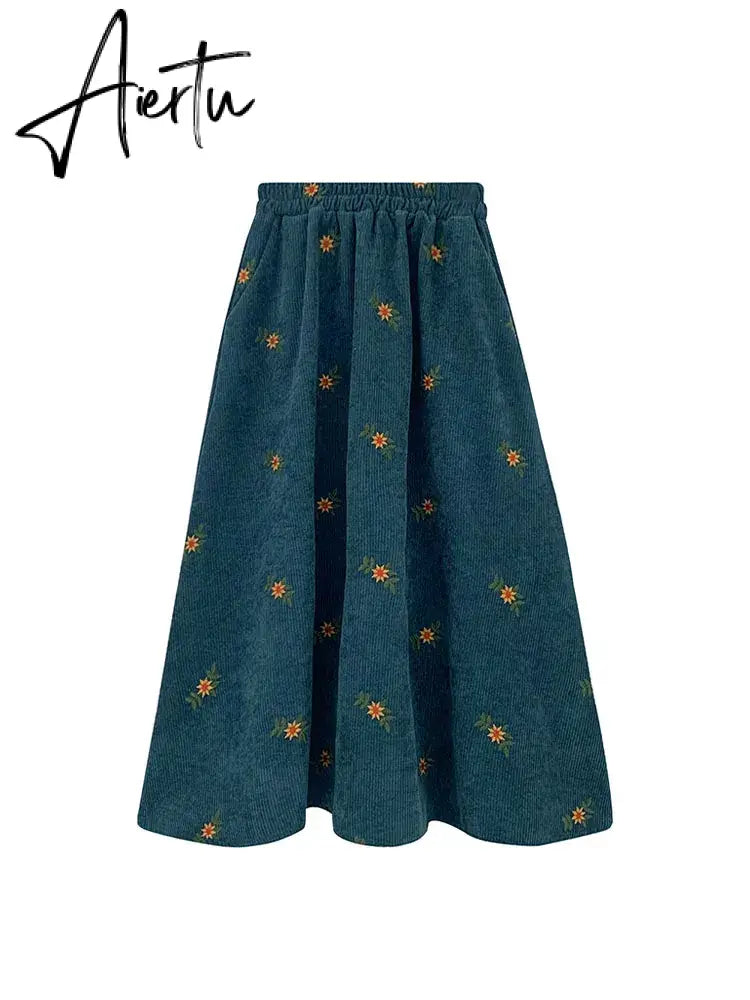 Korean Style High Waist Corduroy Embroidery Long Skirt Women Autumn Winter Loose Floral A-line Skirt Casual Retro Skirt Elegant Aiertu