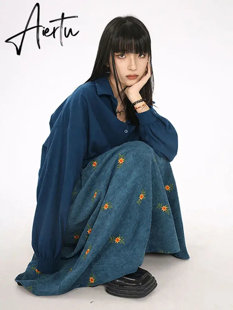 Korean Style High Waist Corduroy Embroidery Long Skirt Women Autumn Winter Loose Floral A-line Skirt Casual Retro Skirt Elegant Aiertu