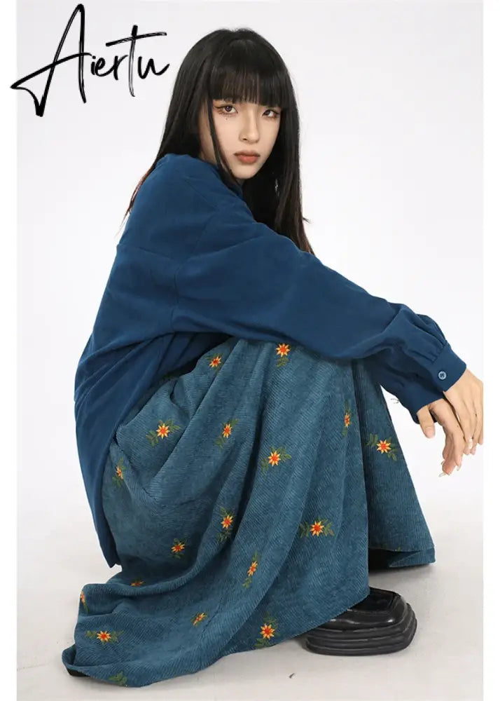Korean Style High Waist Corduroy Embroidery Long Skirt Women Autumn Winter Loose Floral A-line Skirt Casual Retro Skirt Elegant Aiertu