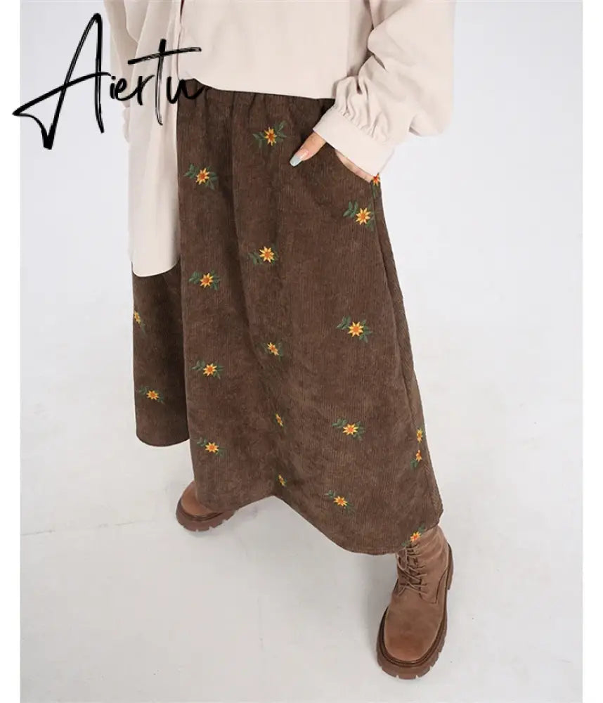 Korean Style High Waist Corduroy Embroidery Long Skirt Women Autumn Winter Loose Floral A-line Skirt Casual Retro Skirt Elegant Aiertu