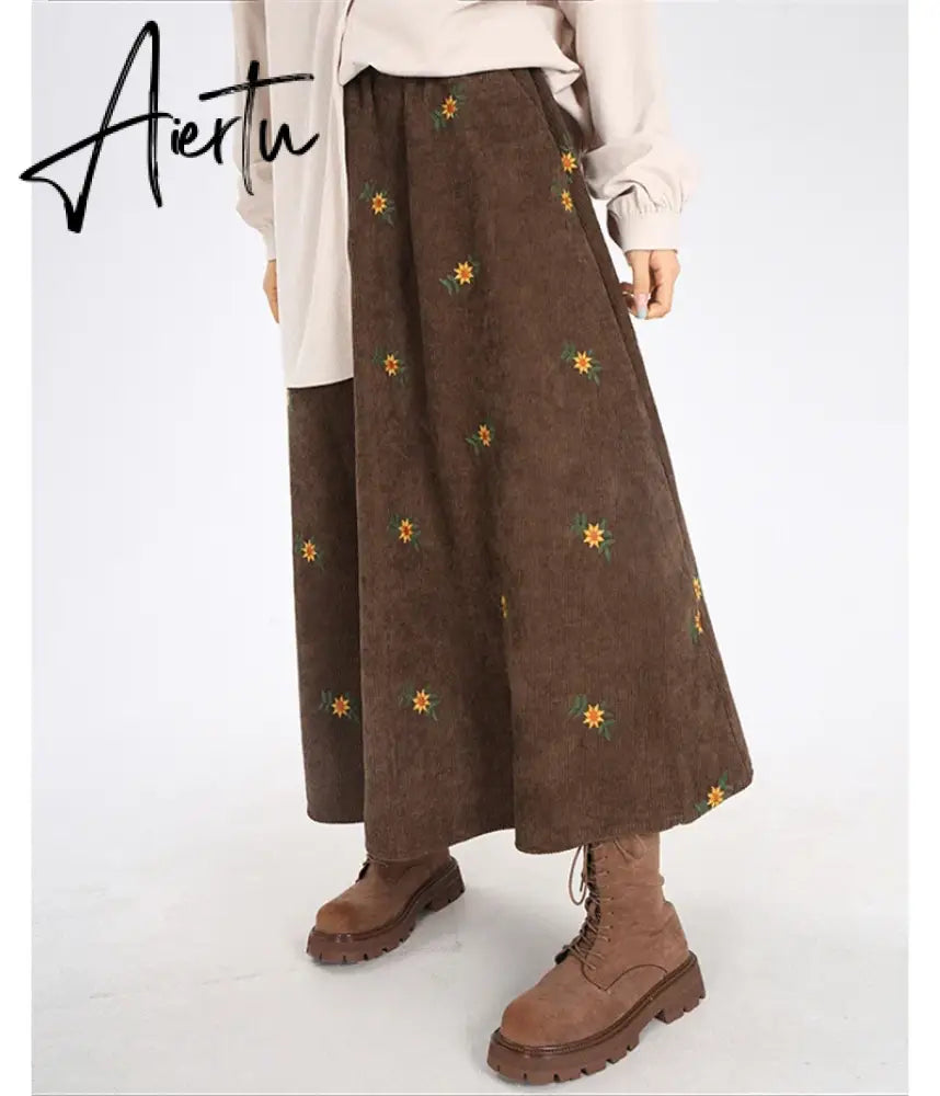 Korean Style High Waist Corduroy Embroidery Long Skirt Women Autumn Winter Loose Floral A-line Skirt Casual Retro Skirt Elegant Aiertu