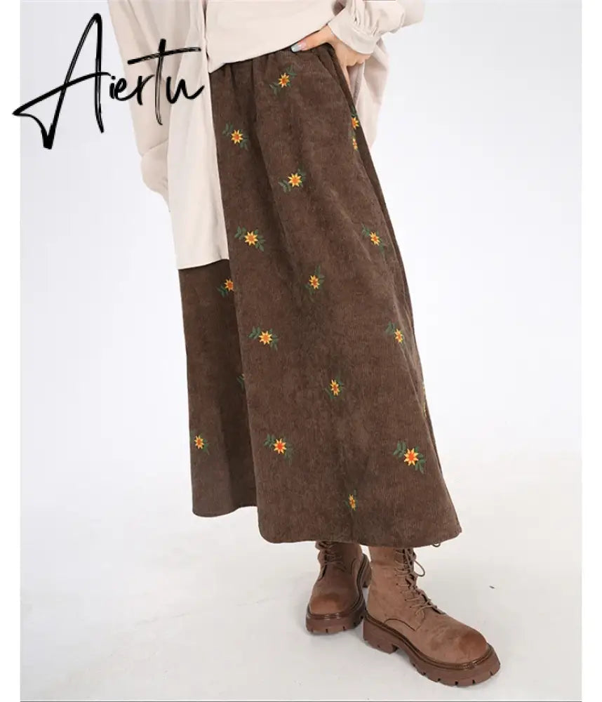 Korean Style High Waist Corduroy Embroidery Long Skirt Women Autumn Winter Loose Floral A-line Skirt Casual Retro Skirt Elegant Aiertu