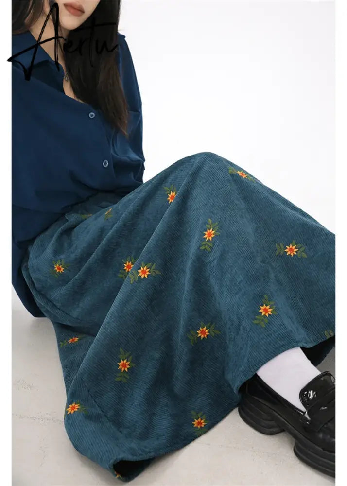 Korean Style High Waist Corduroy Embroidery Long Skirt Women Autumn Winter Loose Floral A-line Skirt Casual Retro Skirt Elegant Aiertu