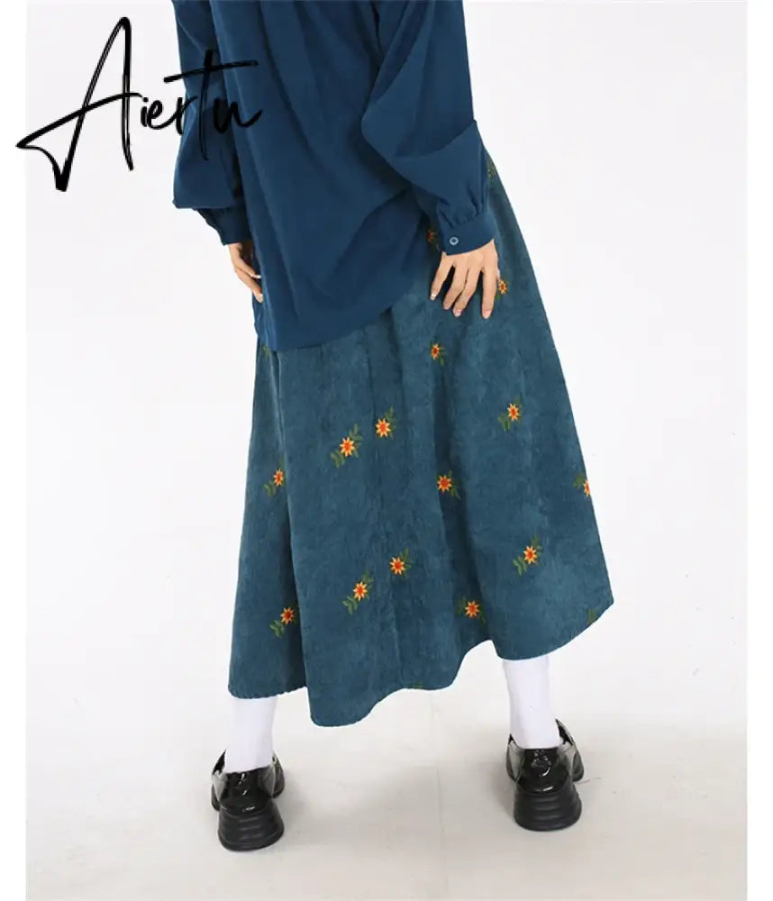 Korean Style High Waist Corduroy Embroidery Long Skirt Women Autumn Winter Loose Floral A-line Skirt Casual Retro Skirt Elegant Aiertu