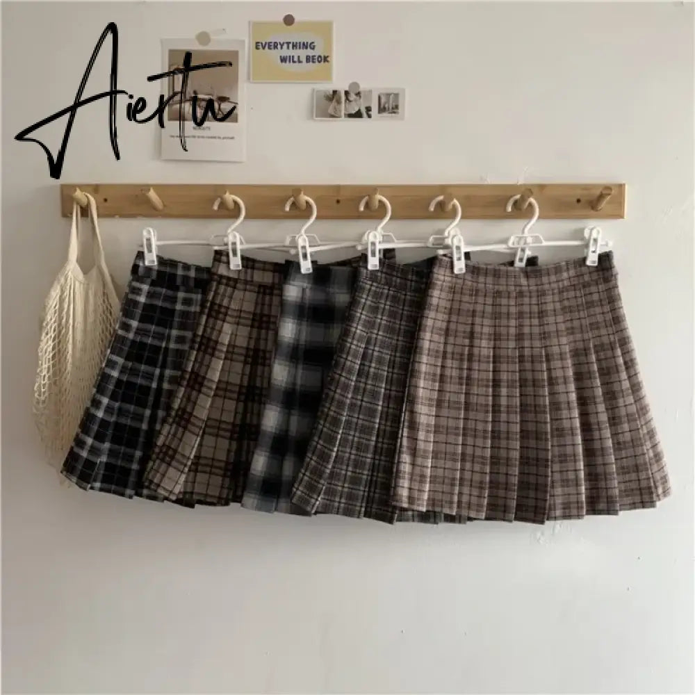 Korean Style Plaid Pleated Skirt Female Spring and Autumn High Waist Thin A-line Short Student Woolen  NewSummer Skirts Aiertu