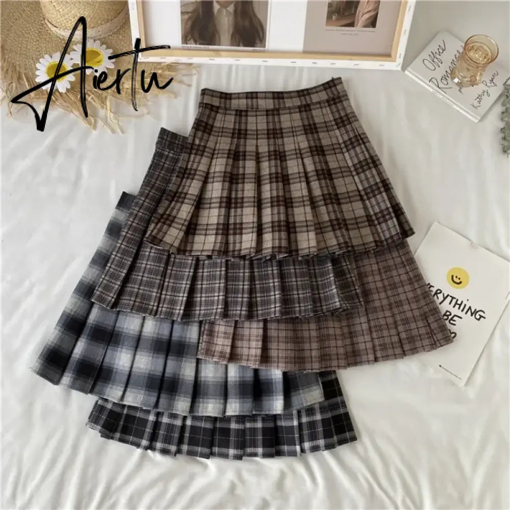 Korean Style Plaid Pleated Skirt Female Spring and Autumn High Waist Thin A-line Short Student Woolen  NewSummer Skirts Aiertu