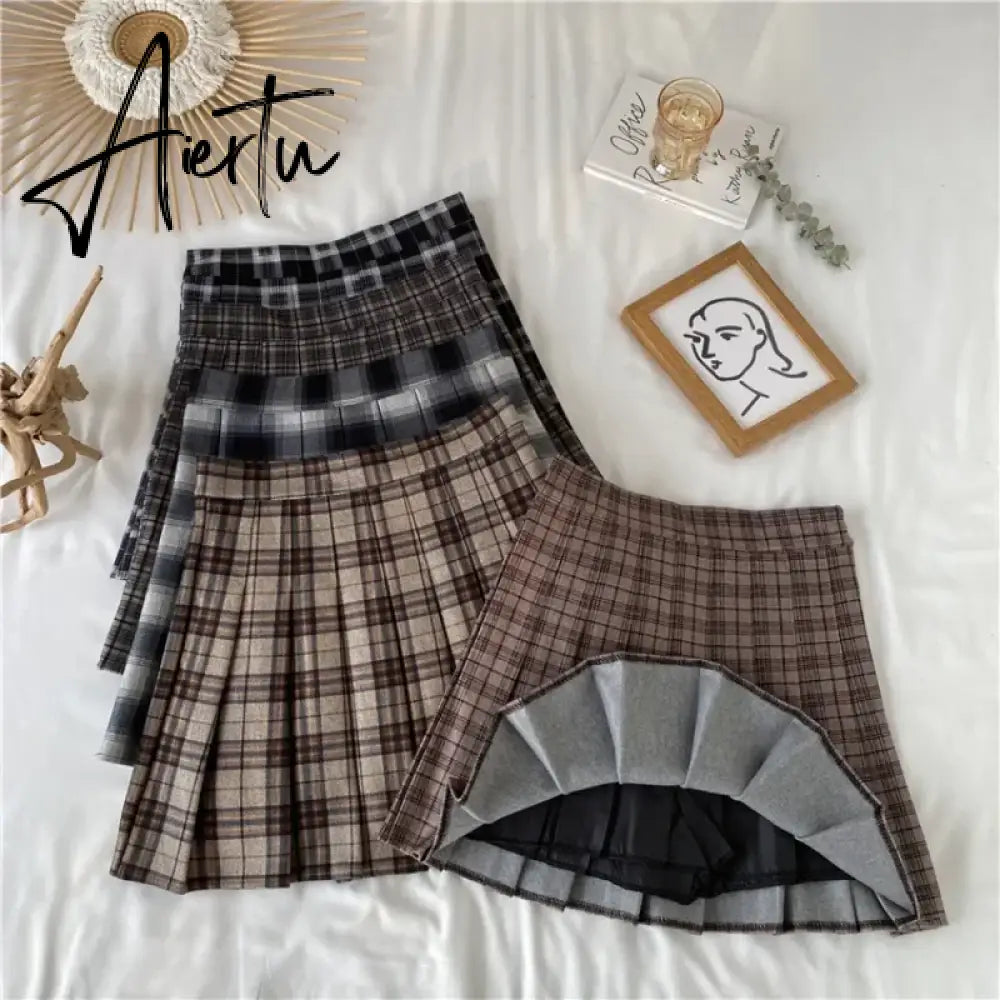 Korean Style Plaid Pleated Skirt Female Spring and Autumn High Waist Thin A-line Short Student Woolen  NewSummer Skirts Aiertu