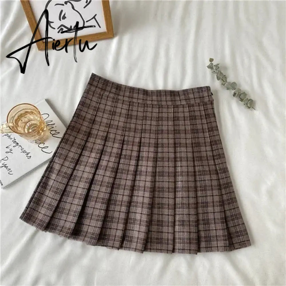 Korean Style Plaid Pleated Skirt Female Spring and Autumn High Waist Thin A-line Short Student Woolen  NewSummer Skirts Aiertu