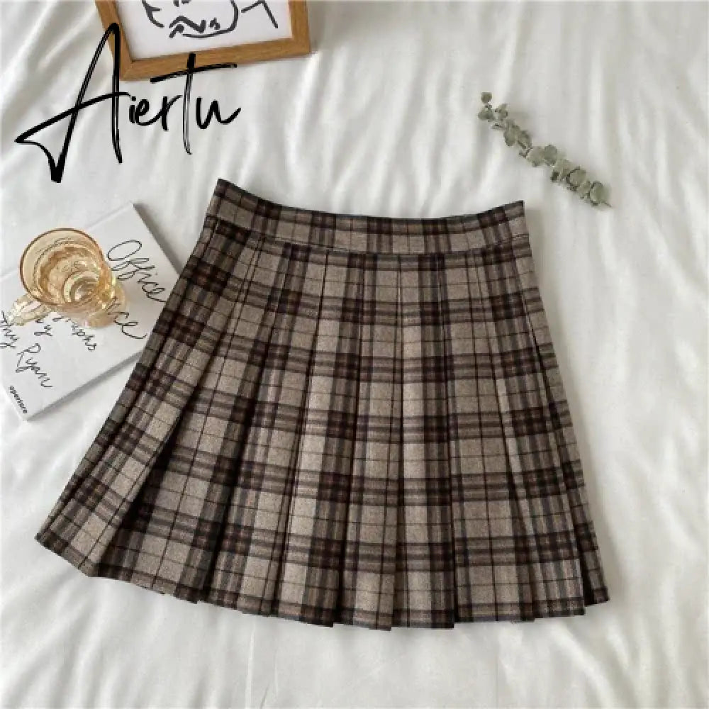 Korean Style Plaid Pleated Skirt Female Spring and Autumn High Waist Thin A-line Short Student Woolen  NewSummer Skirts Aiertu