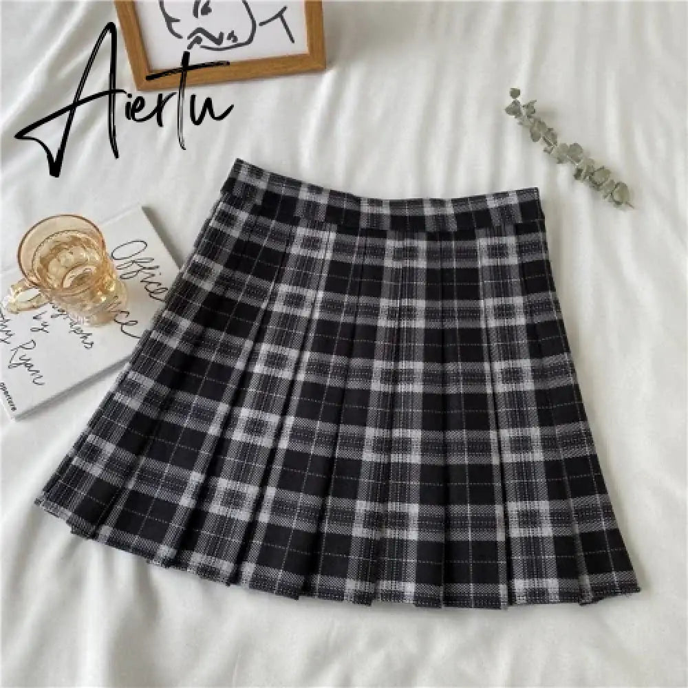 Korean Style Plaid Pleated Skirt Female Spring and Autumn High Waist Thin A-line Short Student Woolen  NewSummer Skirts Aiertu