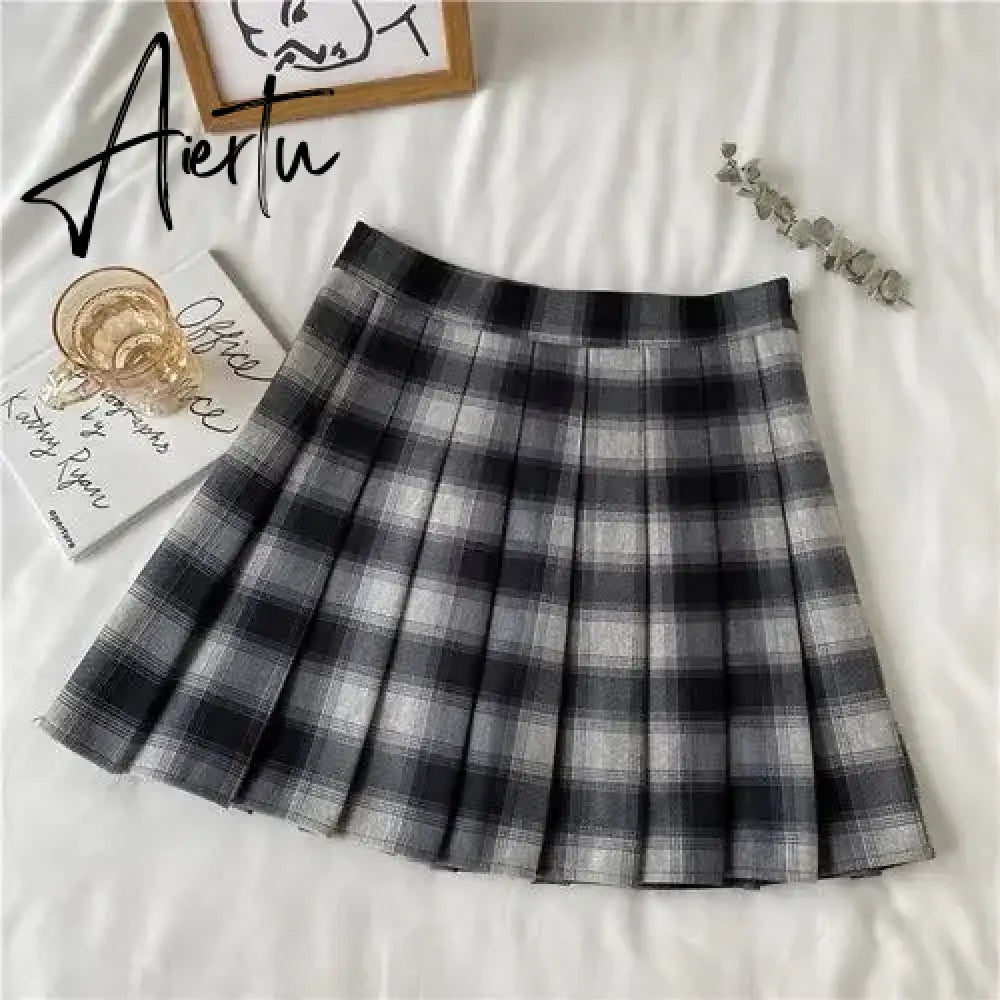 Korean Style Plaid Pleated Skirt Female Spring and Autumn High Waist Thin A-line Short Student Woolen  NewSummer Skirts Aiertu