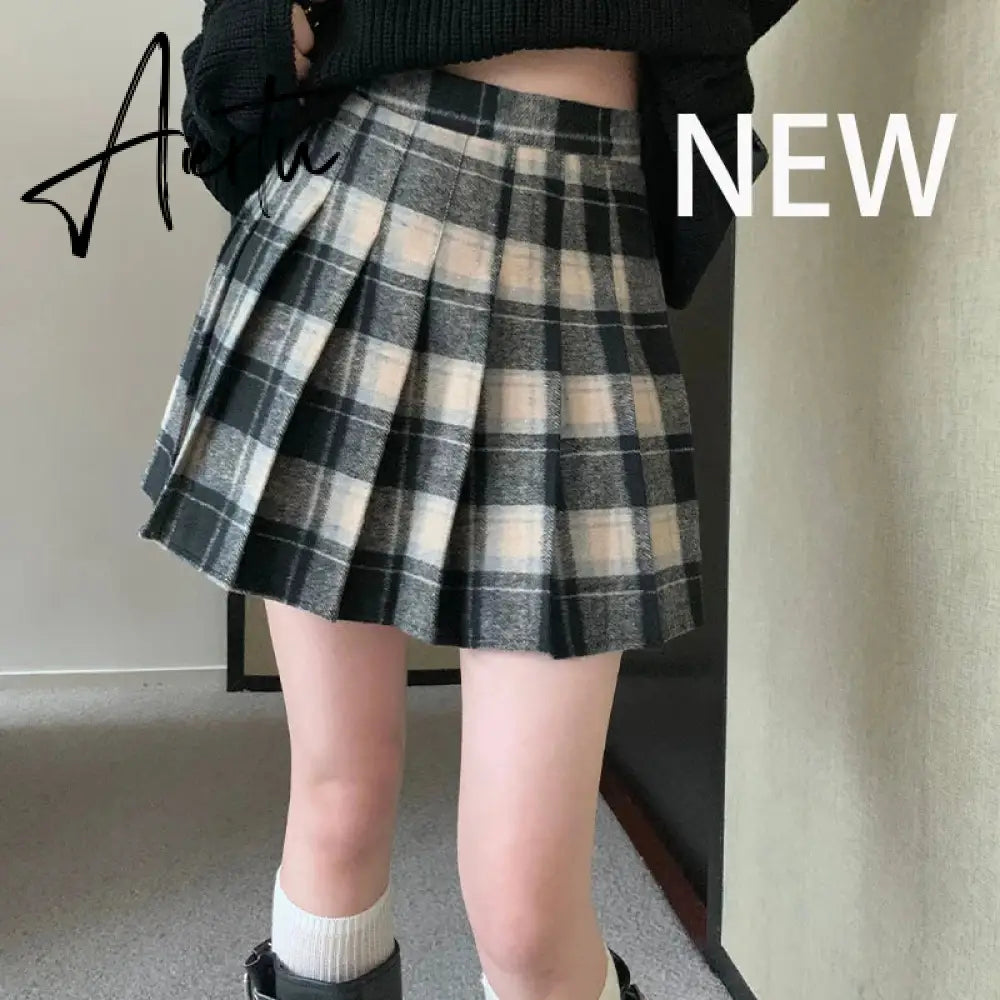 Korean Style Plaid Pleated Skirt Female Spring and Autumn High Waist Thin A-line Short Student Woolen  NewSummer Skirts Aiertu