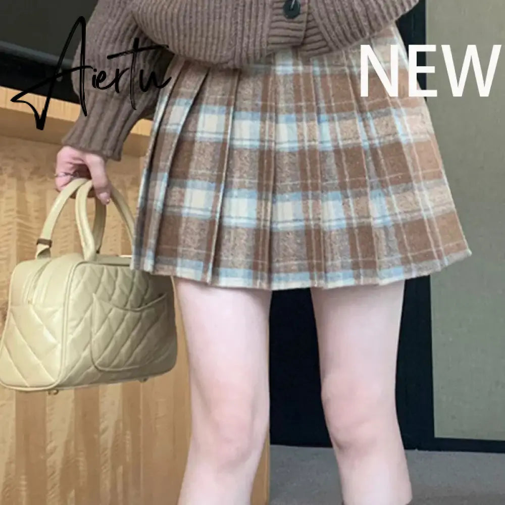 Korean Style Plaid Pleated Skirt Female Spring and Autumn High Waist Thin A-line Short Student Woolen  NewSummer Skirts Aiertu