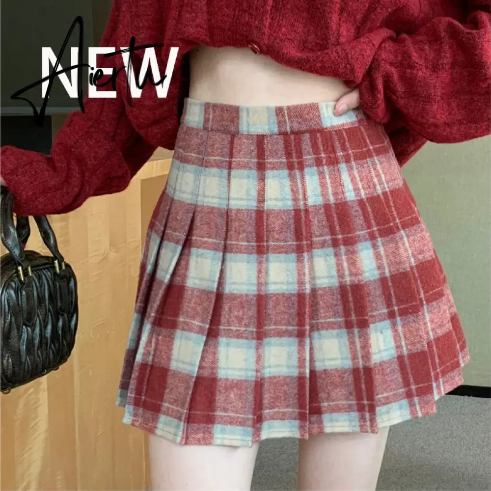 Korean Style Plaid Pleated Skirt Female Spring and Autumn High Waist Thin A-line Short Student Woolen  NewSummer Skirts Aiertu