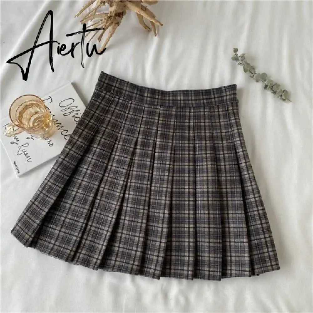 Korean Style Plaid Pleated Skirt Female Spring and Autumn High Waist Thin A-line Short Student Woolen  NewSummer Skirts Aiertu