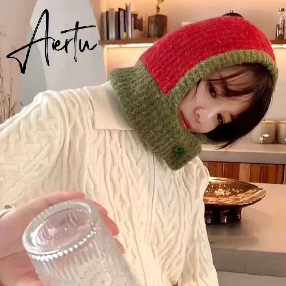 Kpop Color Women Girl Y2K Knit Scarf Hat Outdoor Winter Ski Full Face Mask Caps Fashion Warm Crochet Hood Bonnets Aiertu