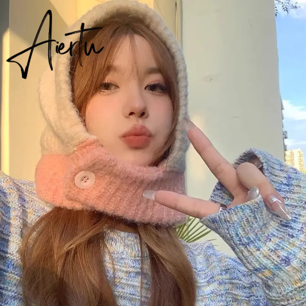 Kpop Color Women Girl Y2K Knit Scarf Hat Outdoor Winter Ski Full Face Mask Caps Fashion Warm Crochet Hood Bonnets Aiertu