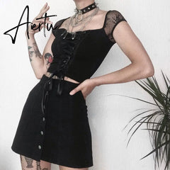 Lace Bodycon Crop Tops Harajuku Gothic Hollow Out Bandage Short Sleeve Crop Tops Women Casual Fashion Summer Tops Aiertu