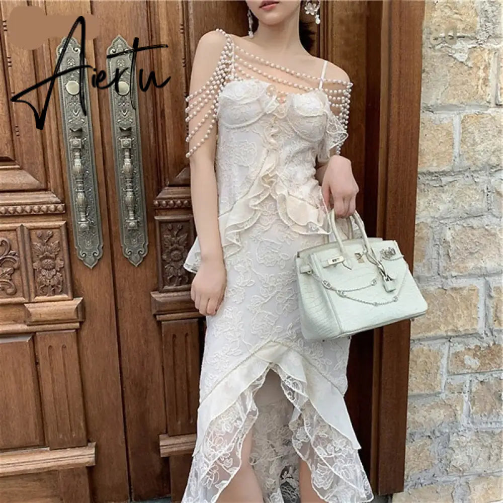 Lace Crochet Ruffles Bodycon Midi Dress Summer Spaghetti Strap Pearl Beading Party Irregular Dresses Women Elegant Aiertu