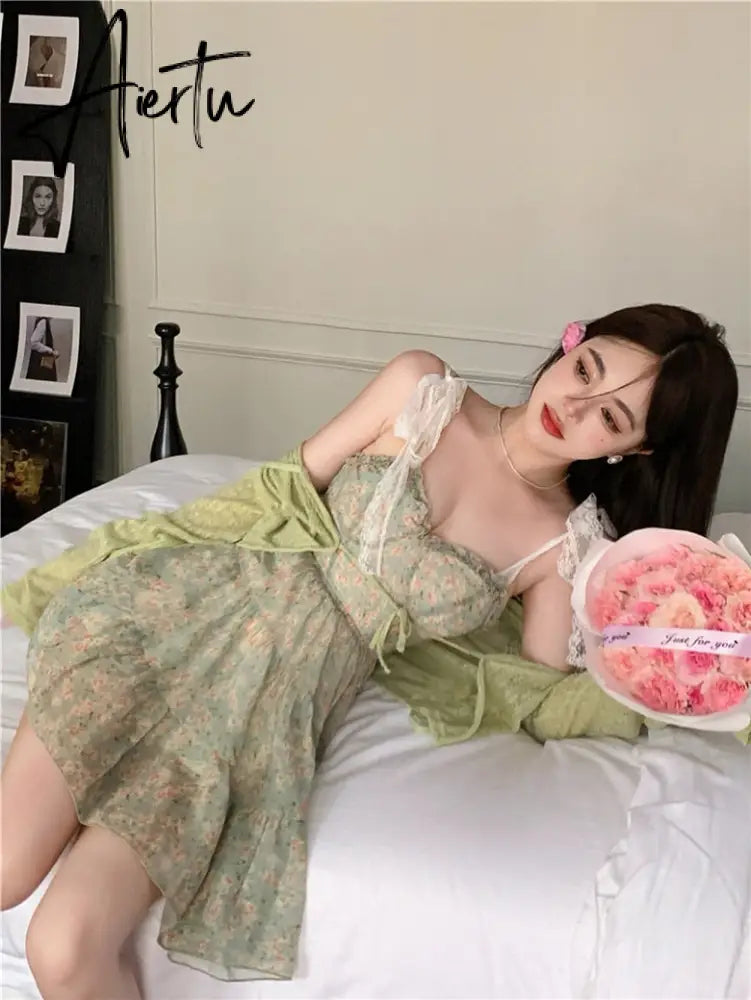 Lace Spaghetti Strap Dress Stitching Women's Summer Sweet French Floral Dress A Line Mini High Waist Sexy Beach Dress Clothing Aiertu