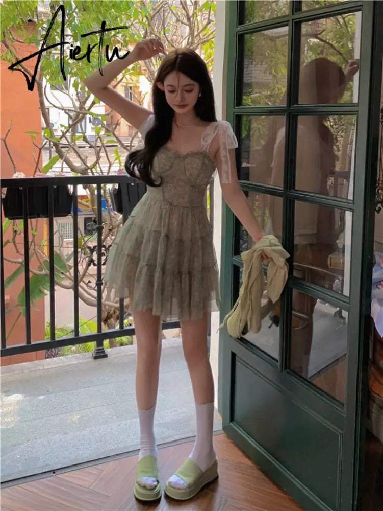 Lace Spaghetti Strap Dress Stitching Women's Summer Sweet French Floral Dress A Line Mini High Waist Sexy Beach Dress Clothing Aiertu