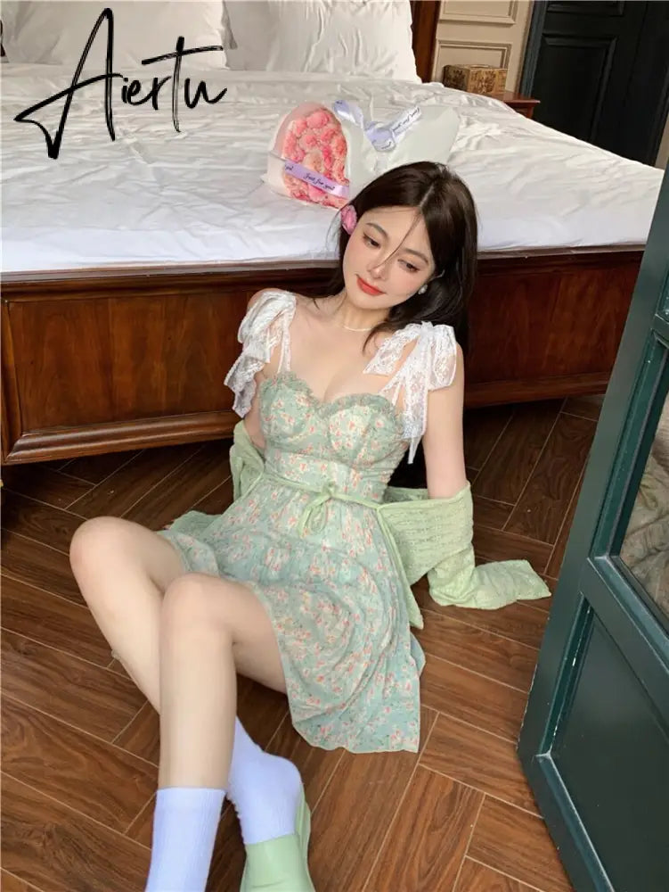 Lace Spaghetti Strap Dress Stitching Women's Summer Sweet French Floral Dress A Line Mini High Waist Sexy Beach Dress Clothing Aiertu