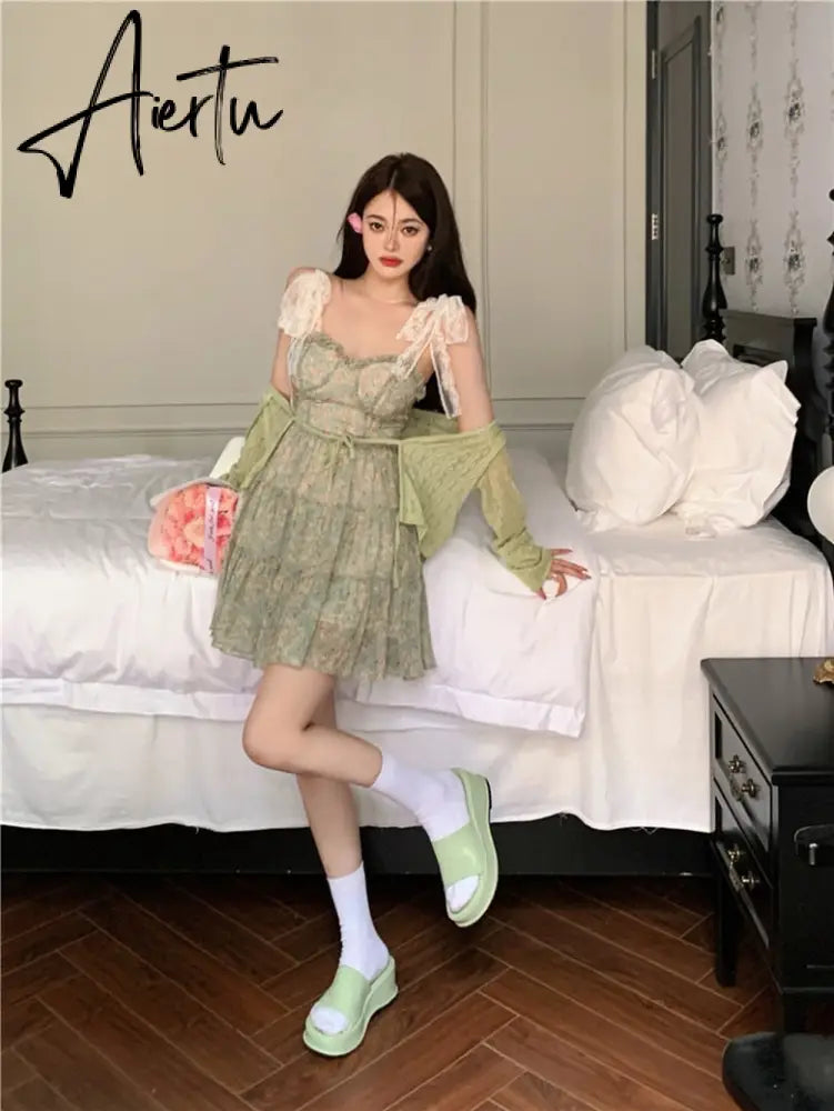 Lace Spaghetti Strap Dress Stitching Women's Summer Sweet French Floral Dress A Line Mini High Waist Sexy Beach Dress Clothing Aiertu